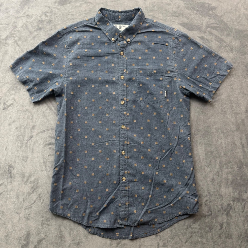 Billabong Mens Blue Square Print Short Sleeve Button Down Shirt Tailored Fit M